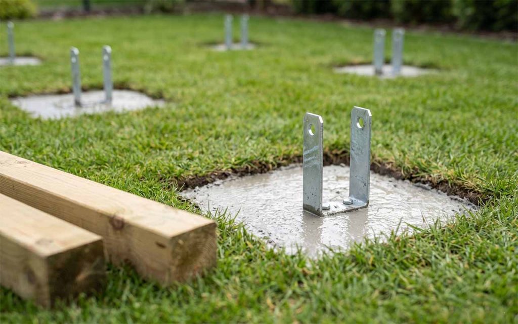 Równolegle wylane stopy fundamentowe z zabetonowanymi stalowymi kotwami typu U, otoczone przygotowanym terenem pod budowę. Obok leżą zaimpregnowane belki podwalinowe
