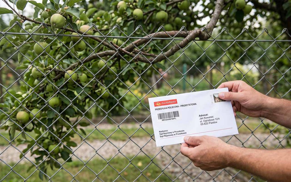 Osoba trzymająca w dłoniach list polecony, stojąca na tle płotu z siatki, przez który przechodzą gęste gałęzie drzewa owocowego