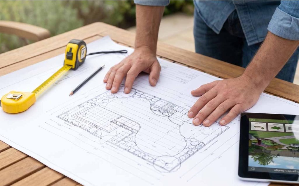 Architekt krajobrazu rozwija duży papierowy plan ogrodu na drewnianym stole na zewnątrz, obok leży miara zwijana, ołówek i tablet z otwartą aplikacją projektową