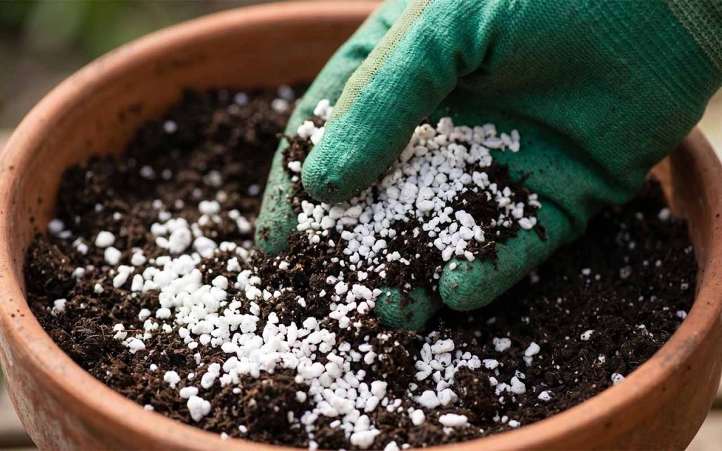 Bliskie ujęcie dłoni w rękawiczce ogrodniczej, która dosypuje biały perlit do ciemnego torfu w glinianej donicy, przygotowując podłoże dla rośliny