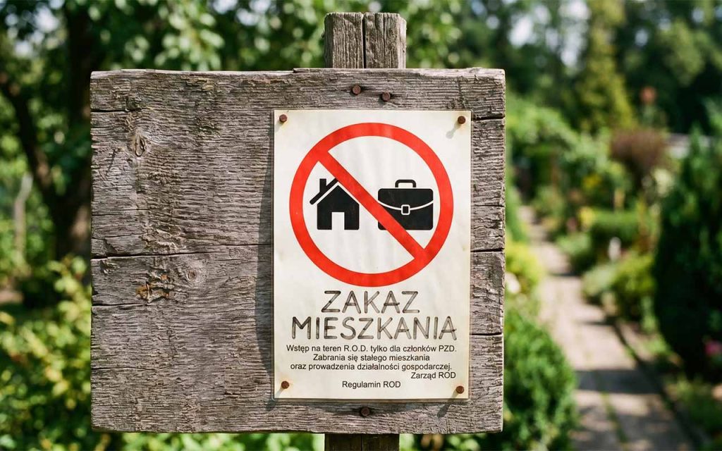 Przekreślony znak symbolizujący działalność gospodarczą i stałe zamieszkanie, umieszczony na tle regulaminowej tablicy ogłoszeń przed bramą wejściową do ogrodu działkowego