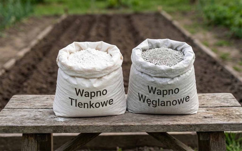 Porównanie worków z wapnem tlenkowym i węglanowym na tle przekopanej ziemi w ogrodzie